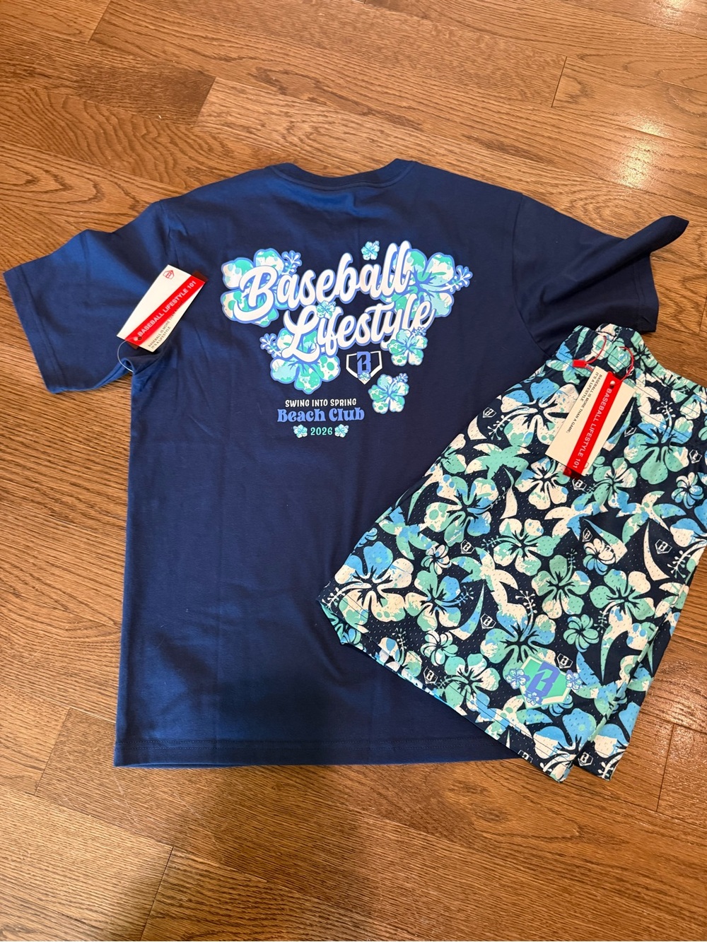 Navy Kids Short-Sleeve Tee and Aqua Floral Shorts Matching Set